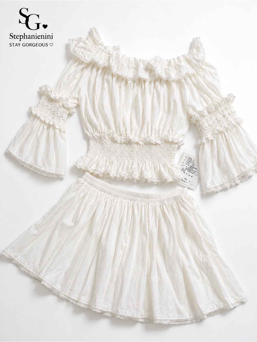 White Off Shoulder Ruffle Lace Top & Flowy Skirt 2 Piece Set